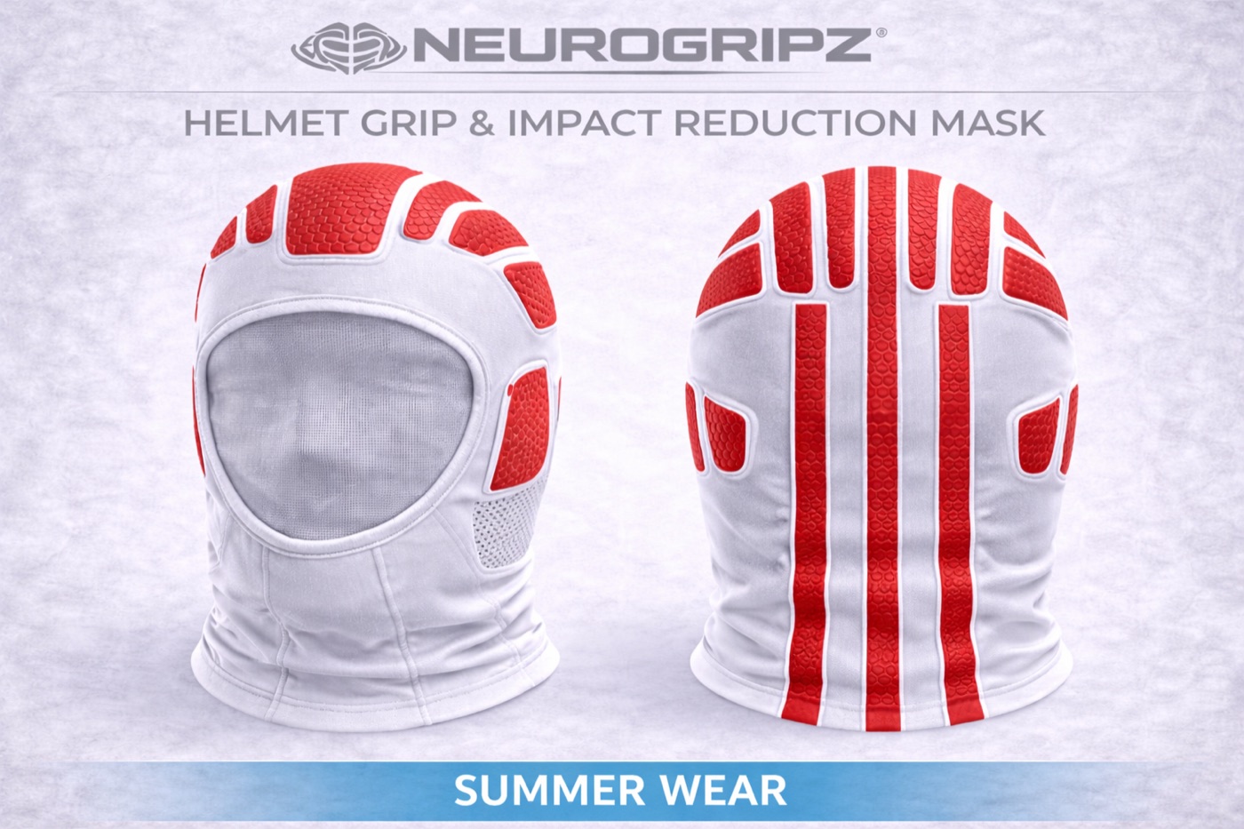 Summer Wear mask — white with red Micro-Hex grip pads, front and back views